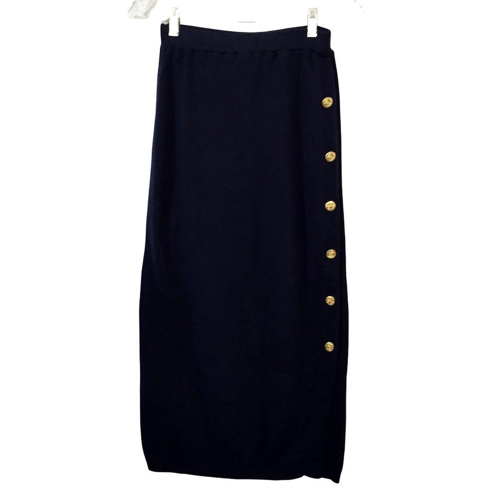 Vintage 80s Pencil Maxi Skirt Small Navy Stretch Elastic Waist Anchor Buttons US - Picture 1 of 8
